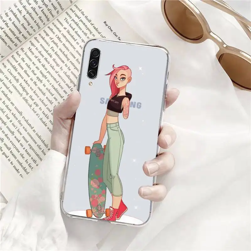

Skateboard cartoon girl Phone Case Transparent for Samsung s9 s10 s20 Huawei honor P20 P30 P40 xiaomi note mi 8 9 pro lite plus
