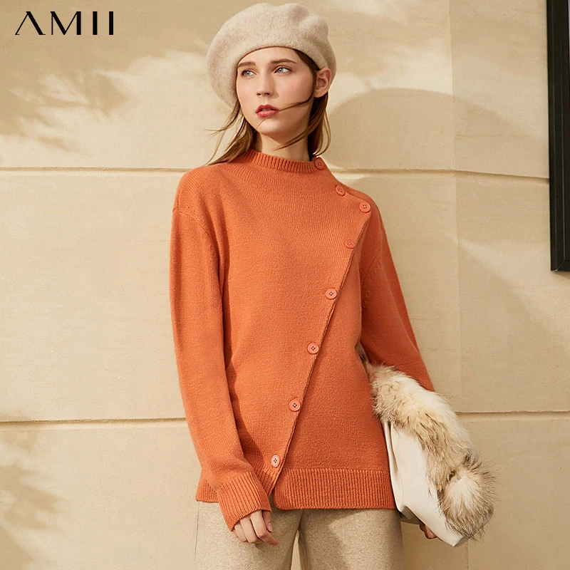 

Amii Minimalism Autumn Winter Fashion Women's Sweater Causal Solid Oneck Knitted Sweaters For Women Pullover Tops 12030464