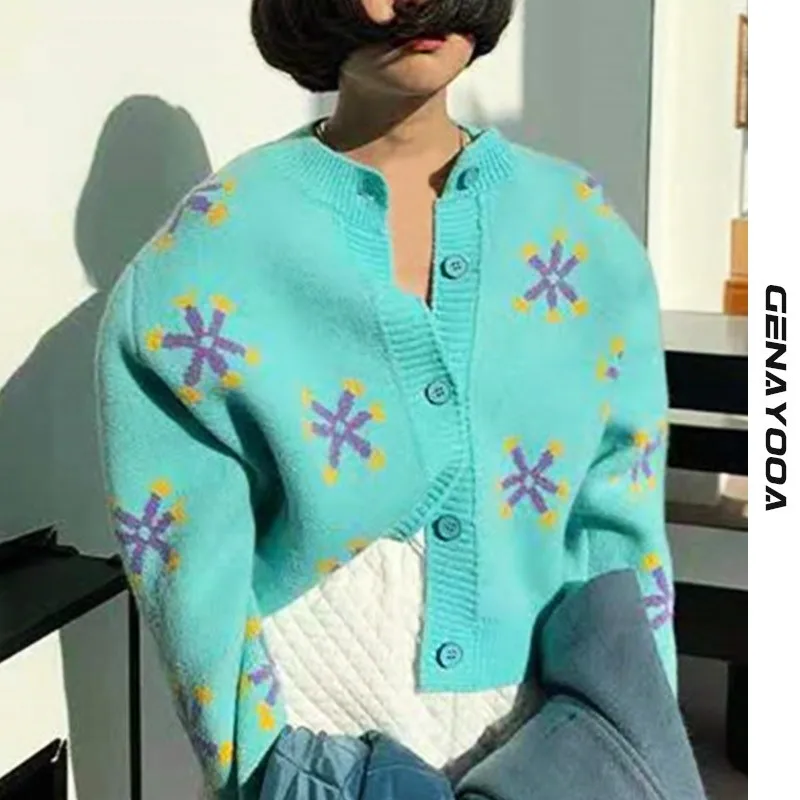 

Genayooa Streetwear Print Flowers Knitted Cardigan Women 2021 Autumn Winter Korean Single Breasted Sweater Female Cardigans