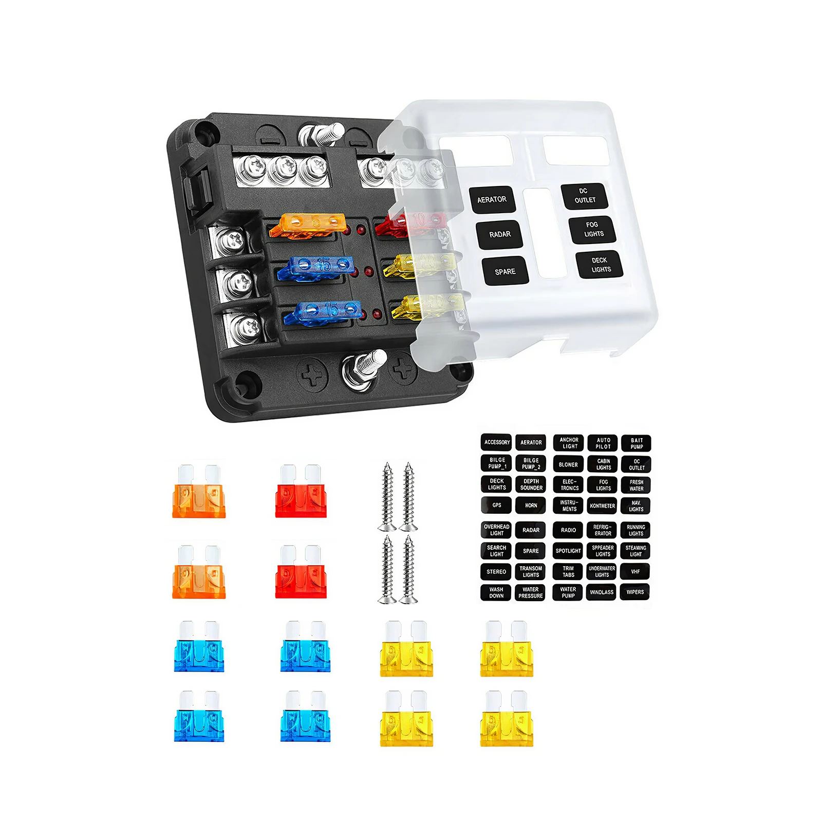 

19pcs 1 in 6 out Screw Connection Type Fuse Box Automobile Independent Positive and Negative Fuse Box with LED Indicator 32V