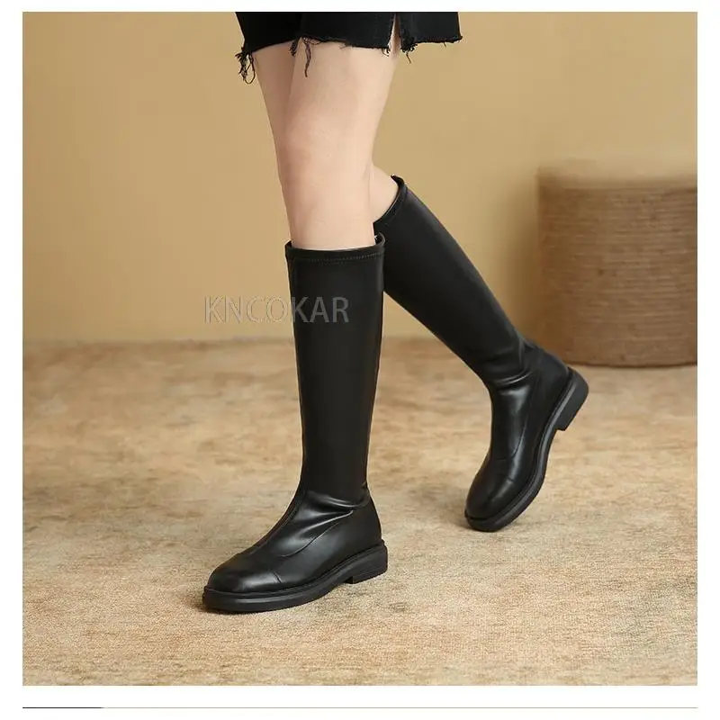 2021 autumn and winter casual round toe thick heel top layer cowhide fashion boots rear zipper low heel high boots women