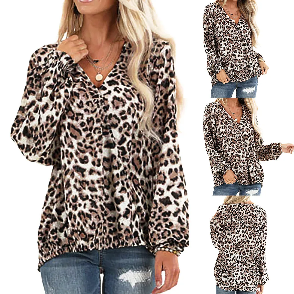 Винтажная блузка с длинным рукавом сексуальная леопардовая отложным воротником