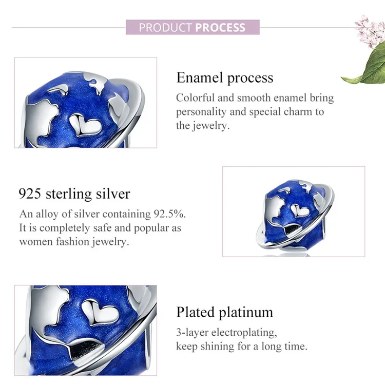 

925 pure silver beads Enamel Making Blue Earth charm Bijoux suitable for original pan BANGLE LADIES DIY jewelry