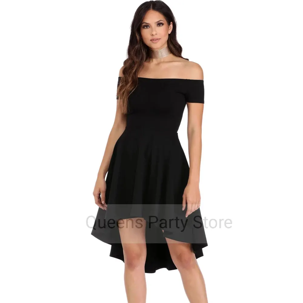 

Hi-Low Prom Dresses Burgundy A-line Party Dresses Mini horizontal neck Off-the-shoulder Sleeveless Simple high quality