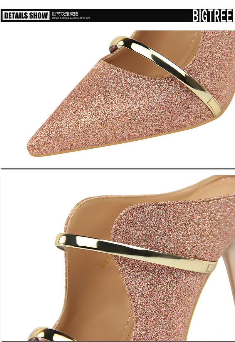 

Fashion Sexy Stiletto High Heel Sequined Female Pointed Light High Golden Double Word Belt Outdoor Slippers Female Temperament