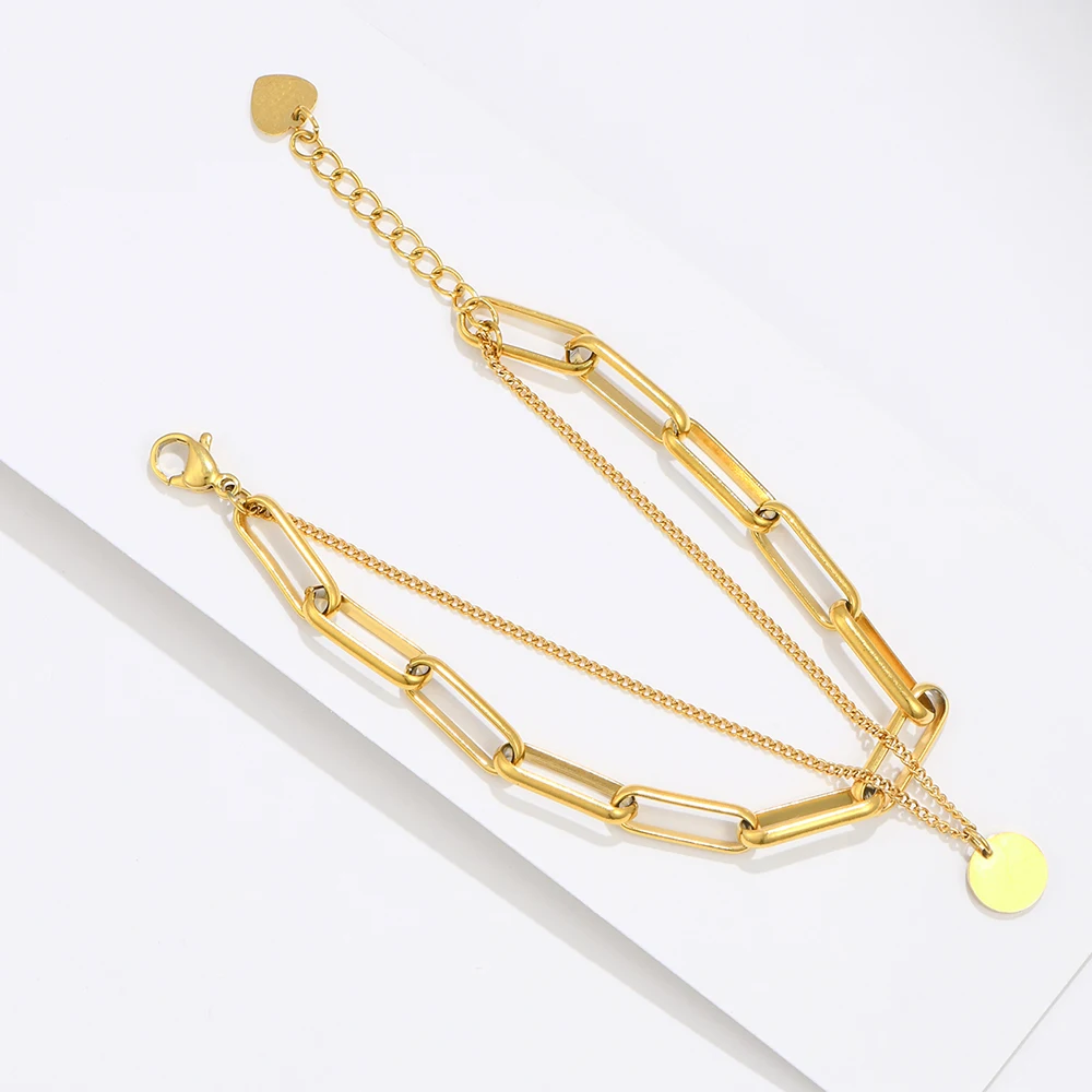 

Fashion Paperclip Chain Tag Bracelet For Dainty Women Girls Gold Color Stainless Steel Link Double Layer Jewelry Wristand