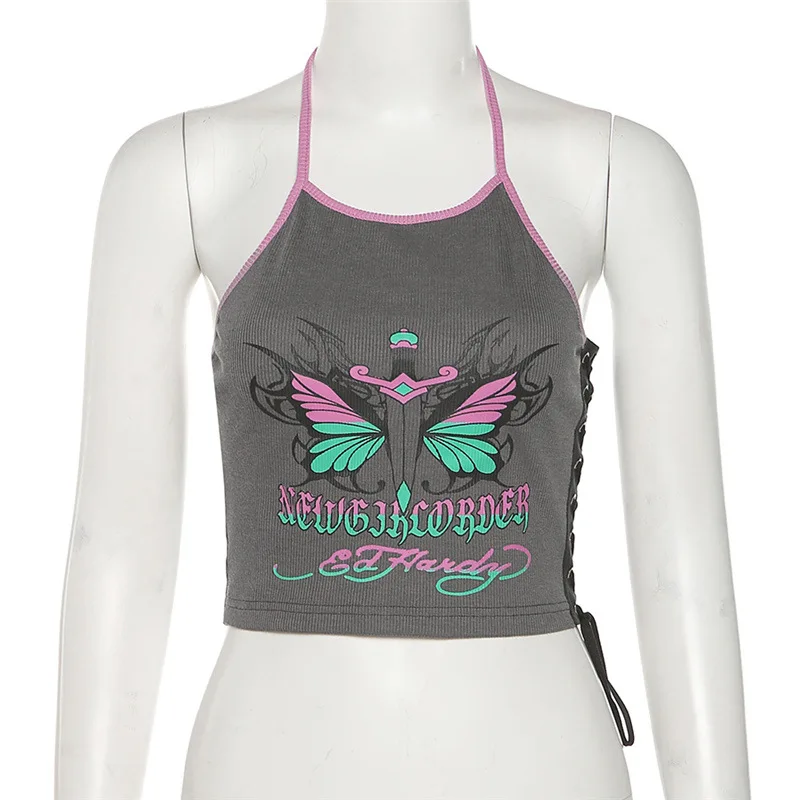 

Goth Dark Mall Gothic Aesthetic Summer Halter Crop Tops Punk Egirl Grunge Bandage Women Camis Sexy Backless Streetwear Clothes