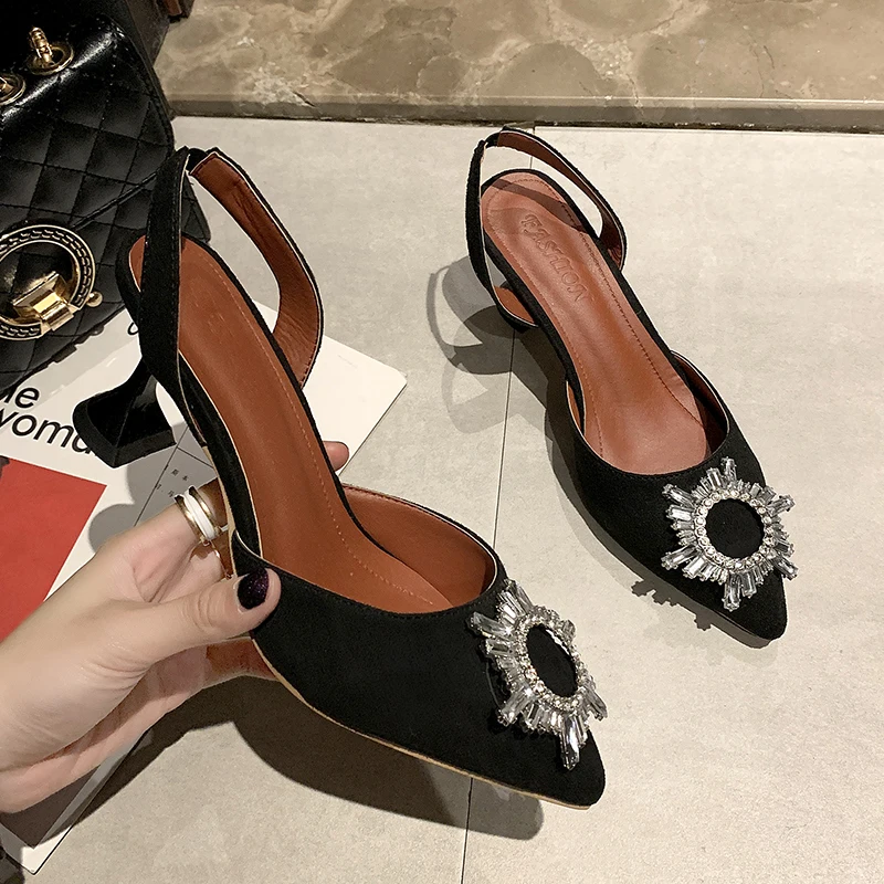 

New Summer Women Shoes Woman Sandals Solid Black Pointed Toe Metal Buckle High Heels Fashion Slip On Ladies Shoes Female Pumps