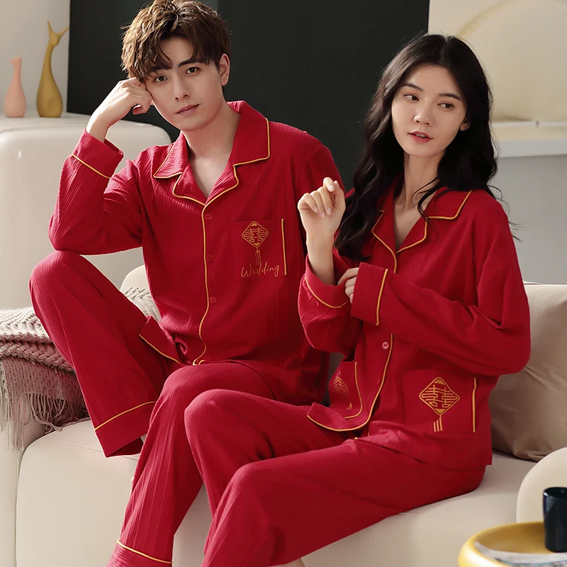 

Sexy Turn-down Collar Red Wedding Pajamas Sets Autumn Winter Couple Homewear Cotton Long Sleeve Couple Chinese Style Sleepwear
