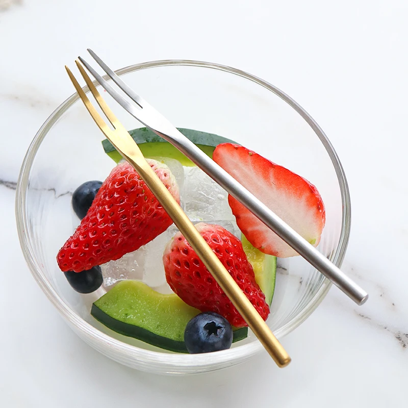 Милые фруктовые вилки из нержавеющей стали для детей, двухшиповые вилки для закусок, десертов, столовые приборы для дома и кухни.