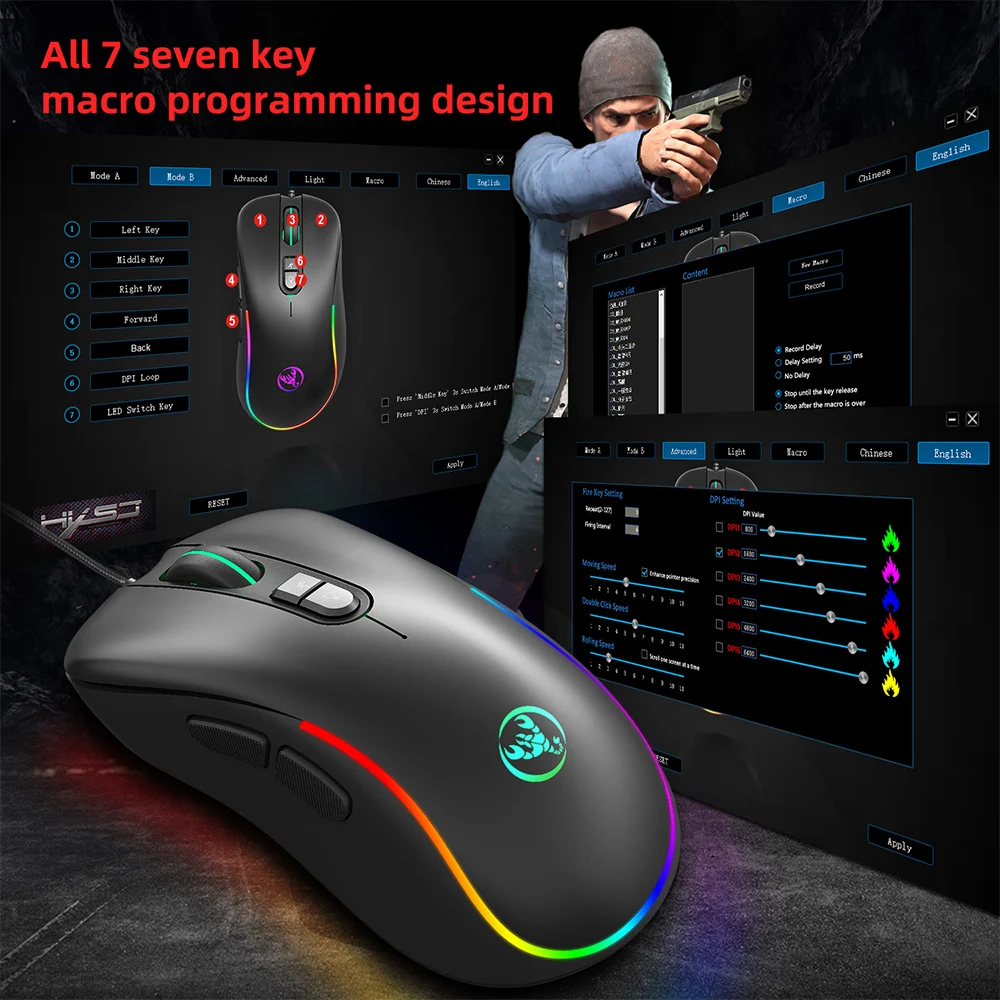 HXSJ J300 цветная RGB игровая мышь Проводная семиклавишная макро программируемая s 6