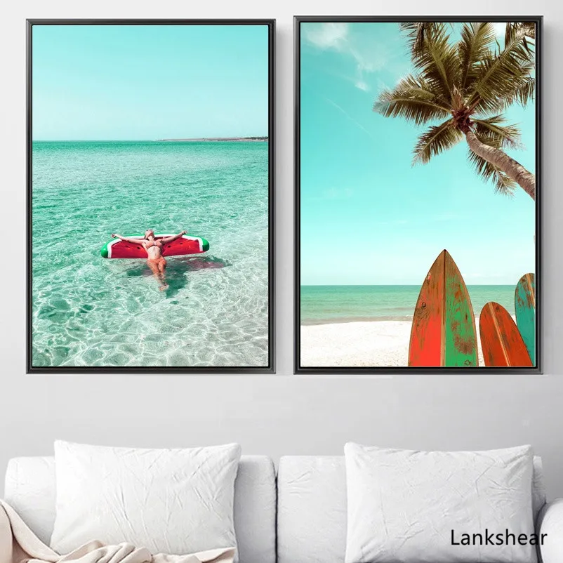 Морская волна пляж корабль девушка Пальма стена Художественная печать холст