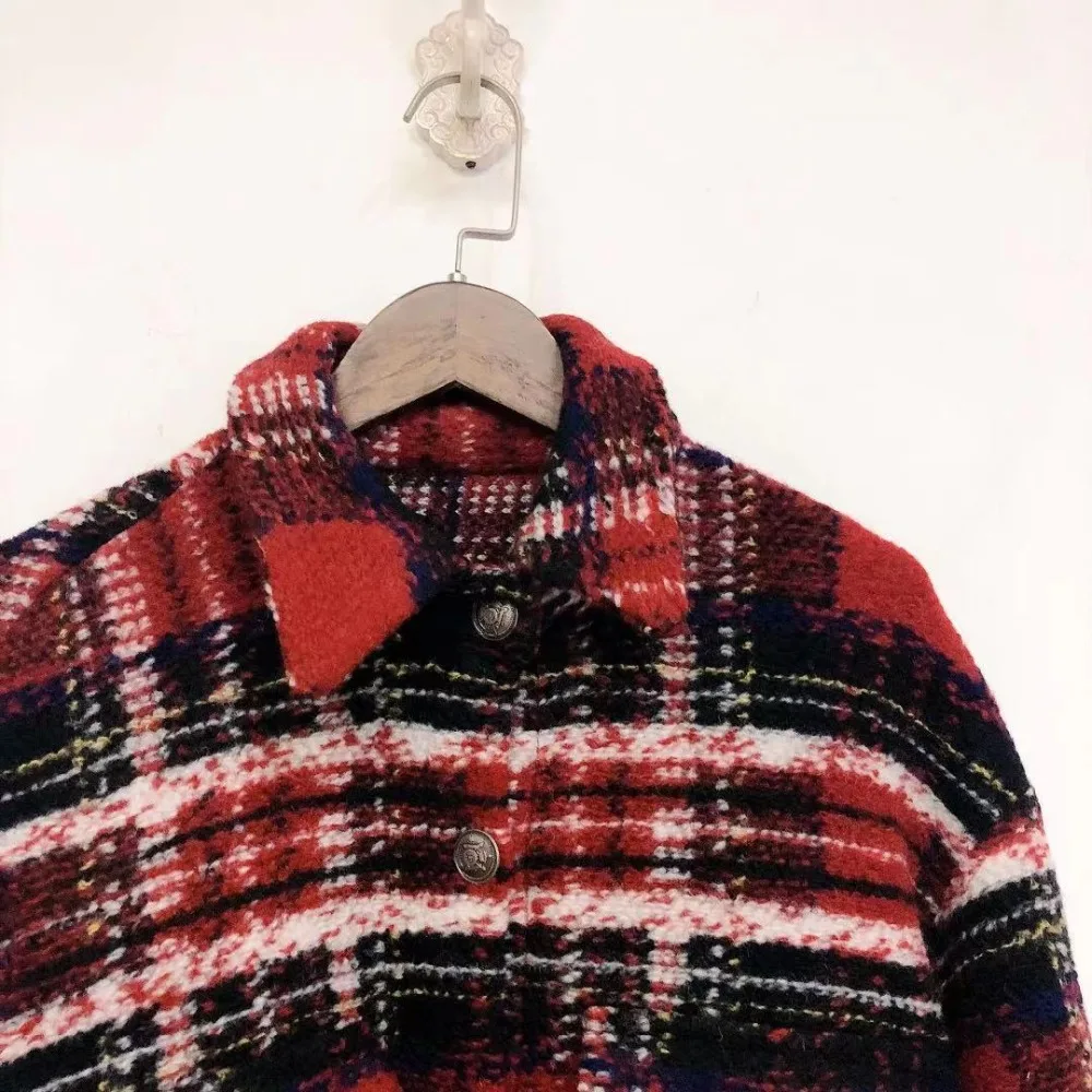 

Women's Turn-down Collar Coat Plaid Tweed Long Sleeve Loose Autumn Winter Jacket with Pockets