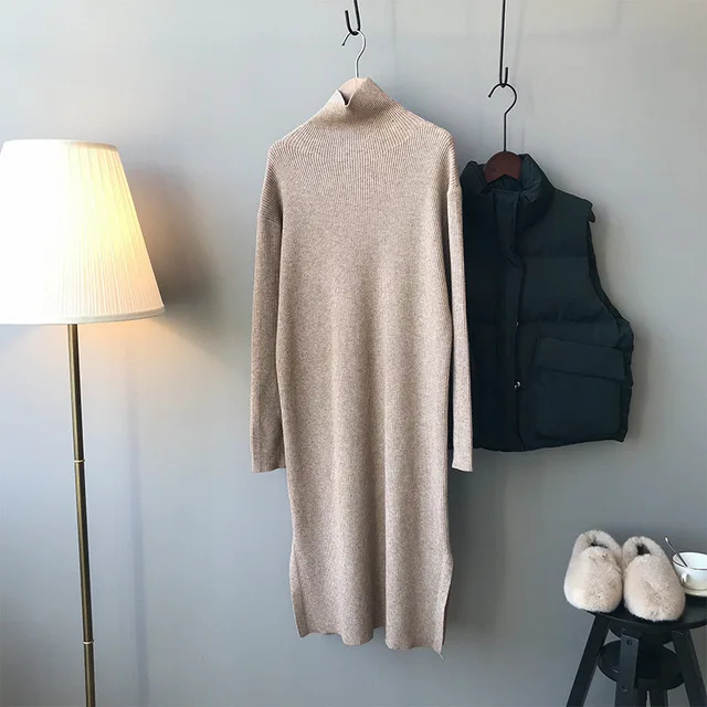 

2020 New Autumn Winter Sweater Dress Turtleneck Women Long Knitted Slim Korean Pullover Jumper Cashmere Knit Robe Pull Plus Size