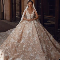 2022 retro champagne wedding dresses lace glitter v neck chapel train bridal gowns backless customise vestido de novia