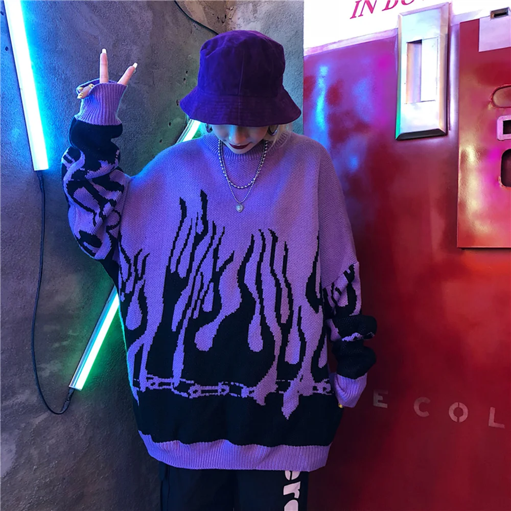 

Autumn Winter Harajuku Flame Batwing Sleeve Ins Style Oversize Sweater Casual Long Women Pullover Couple Sweater