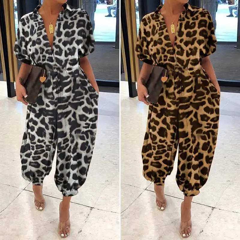 

Leopard Print Jumpsuit Women's Short Sleeve Button Casual Pants Loose Large Size Romper Playsuit One Piece Outfit