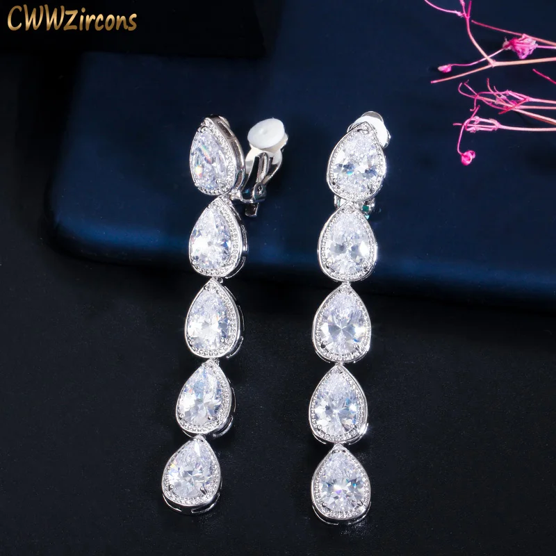 CWWZircons Non Piercing Ear Design Long Dangle CZ Crystal Clip On Earrings No Pierced Women Wedding Party Costume Jewelry CZ713