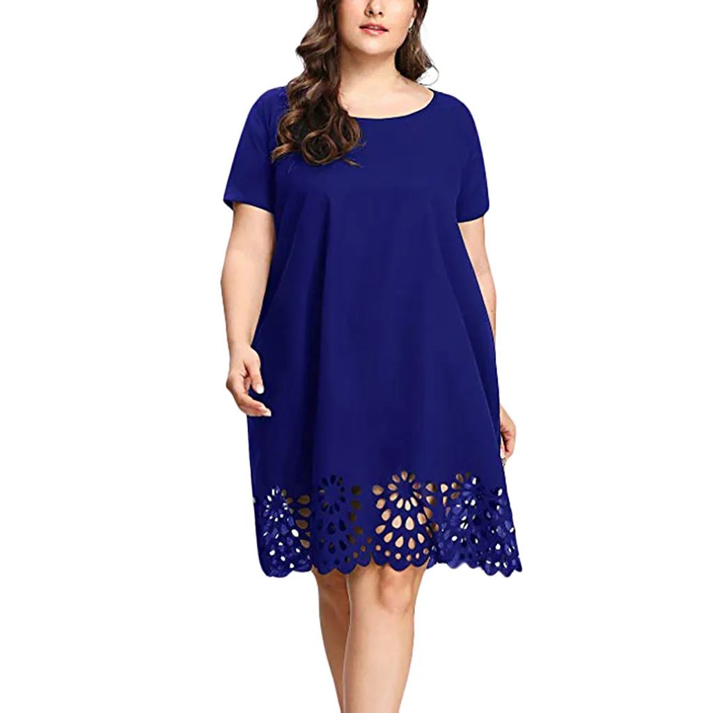 Женское свободное однотонное платье с коротким рукавом и круглым