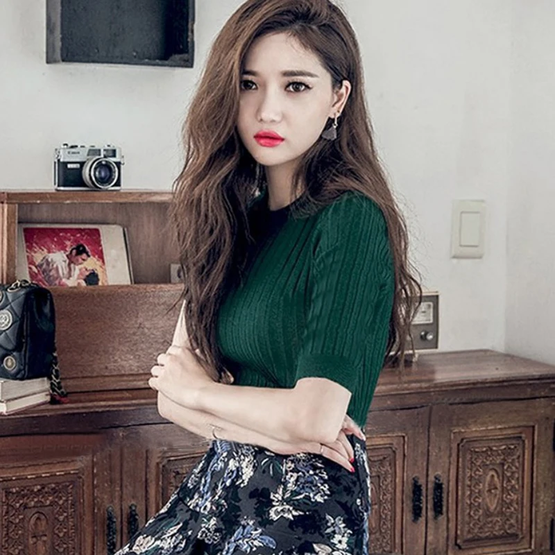 

Summer Vintage Knitting Short Sleeve T-shirt Woman's Tops Round Collar Slim Thin Knitwear Female T-Shirt