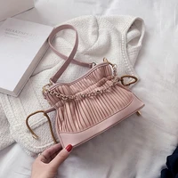 pu leather women designer handbag 2021 shoppers purses fashion casual solid color pleated chain drawstring clouds crossbody bags