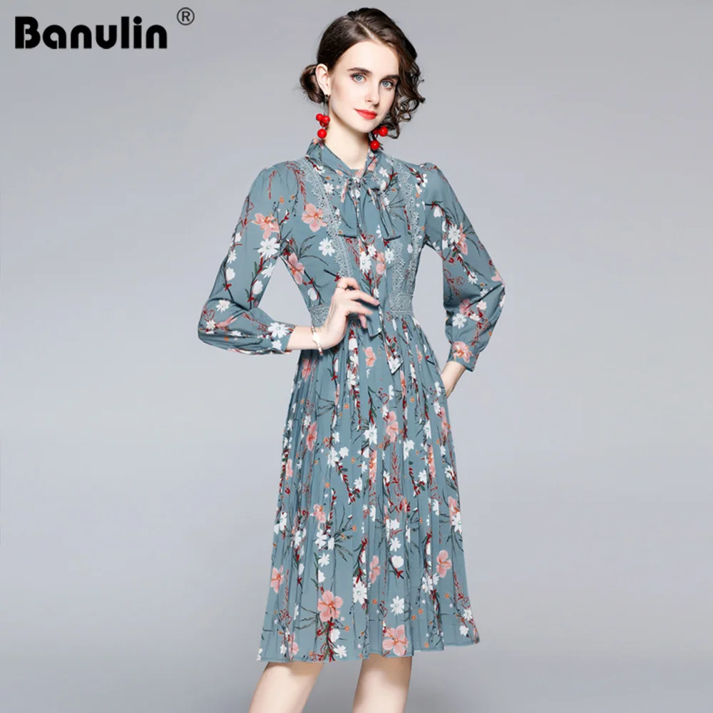 

2021 Fashion Runway Spring Autumn Party Dress Women Bow Neck Chiffon Elegant Lace Splicing Floral Pleated Midi Dress N65651