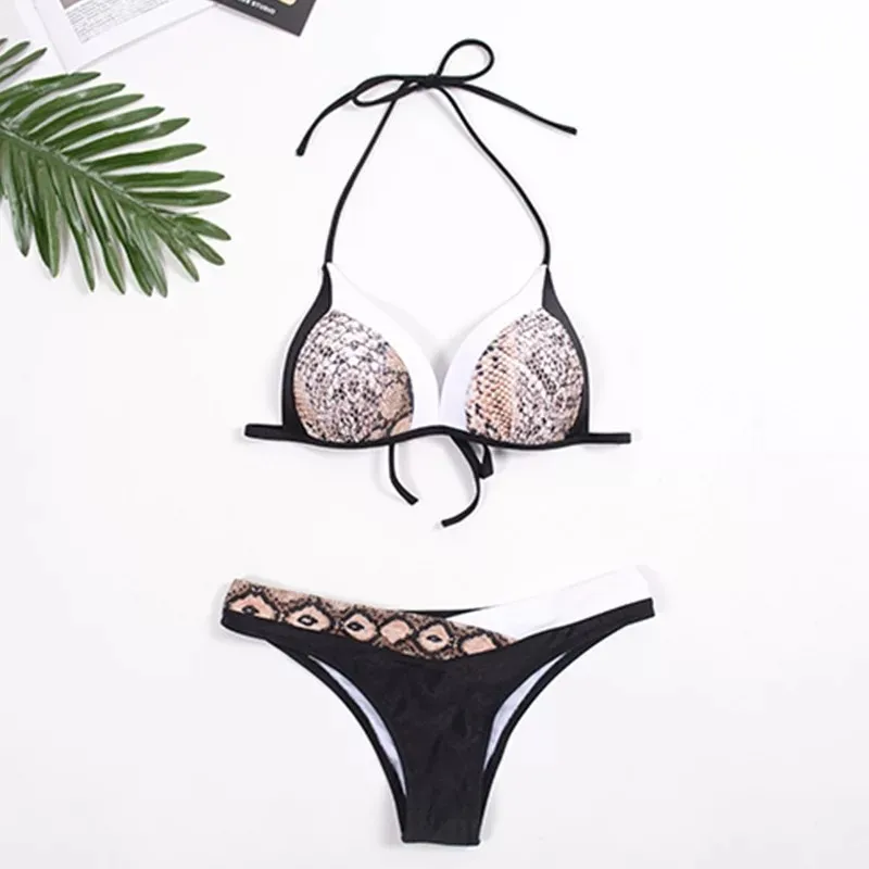 

Snake Printed Women Sexy Bikinis Stitching Two Piece Sets Lace Up Bandage Top Ladies Beachsuits Triankle Low Waist Swimwear