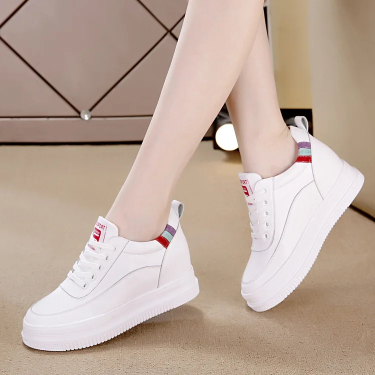 

7cm Height Increasing Shoes Women Sneakers Genuine Leather Sweet Ladies White Wedge Shoes Fashion Sneakers Casual Shoes