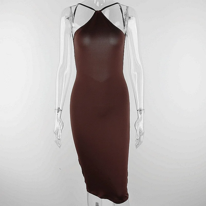 

2021 Straps Halter Hot Sexy Backless Summer Midi Dress for Women Club Party Ruched Chic Bodycon Dresses Fashion Outfits