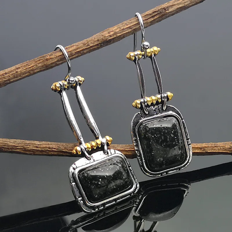 

Hot Selling Natural Stone Black Turquoise Popular Color Separation Earrings European and American Fashion Long Earrings Women