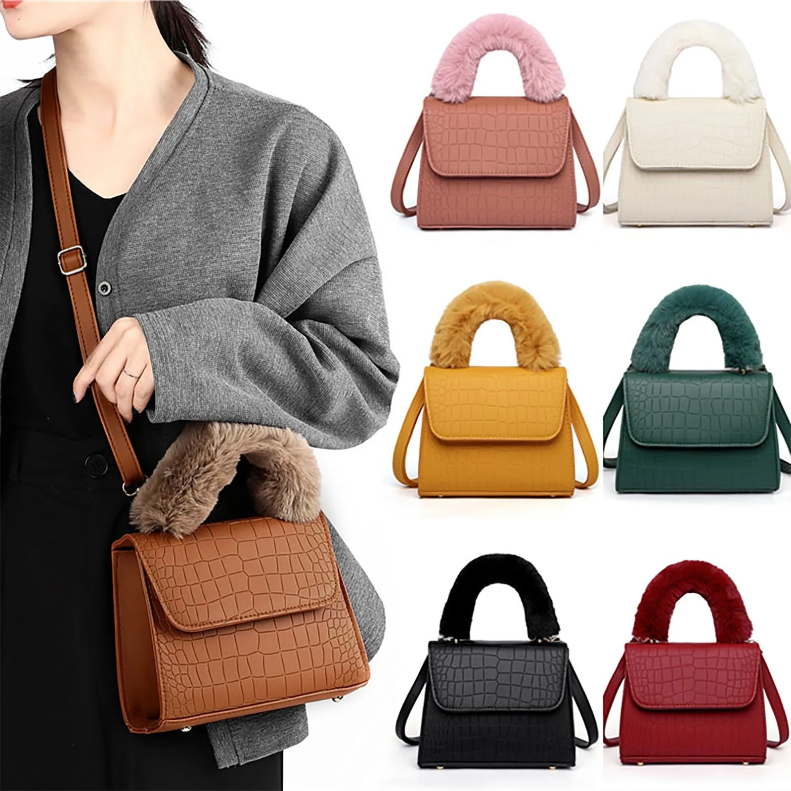 

Fashion Plush Shoulder Tote Women's Handbag Casual Pu Leather Shoulder Messenger Bags For Women 2021 Women's Designer Purse#G30