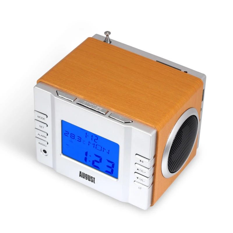 August MB300 деревянная мини стереосистема MP3 и FM радиочасы с SD картридером, разъемами USB и AUX(3.5 мм аудиовход), двумя громкими Hi-Fi динамиками, со встроенным аккумулятором и пультом управления