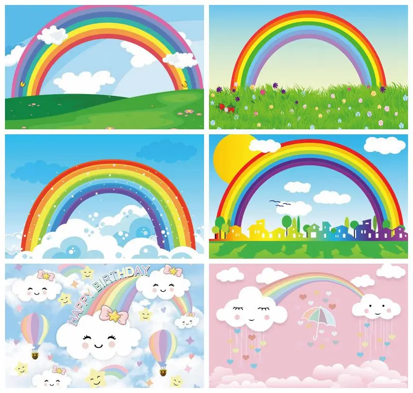Фон для фотосъемки в день рождения с изображением голубого неба и радуги луга|Фон
