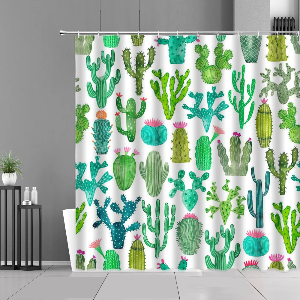 

Tropical Cactus Shower Curtain Green Plant Printing Bathroom Curtains Screen Home Bathtub Decoration Waterproof Polyester Fabric