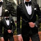 3 шт., черные мужские костюмы, свадебные смокинги, на заказ, Кружевной Костюм жениха, деловой костюм для мужчин