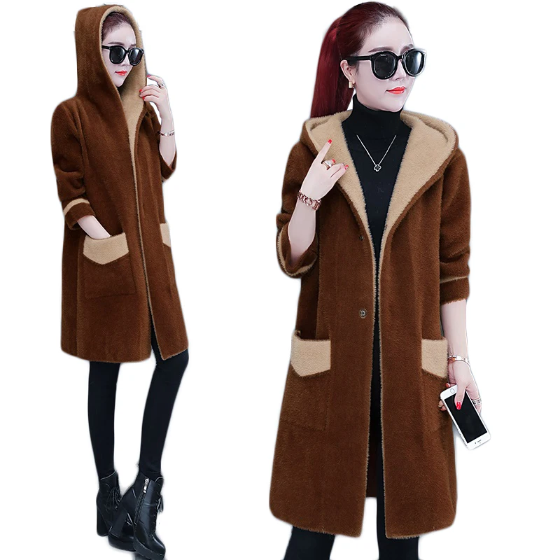 

NEW European Fashion Fur Parkas Women Winter Long Coat Hooded Shaggy Outerwear Imitate Mink Cashmere Jacket High Quality 1984
