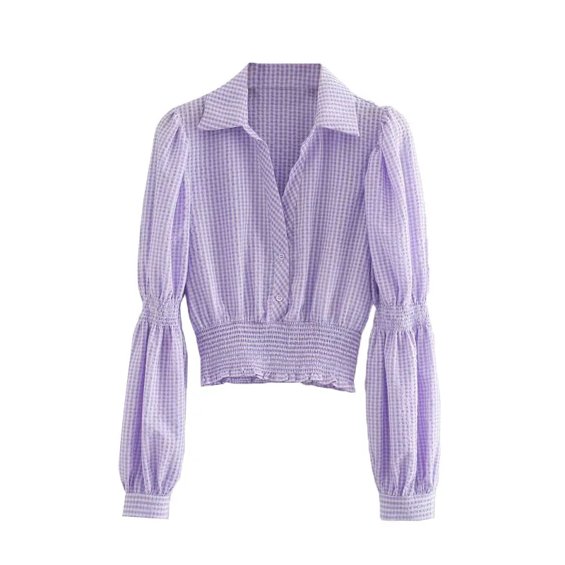

Klacwaya Women 2020 Fashion Elastic Smocked Plaid Cropped Blouses Vintage Lapel Collar Long Sleeve Female Shirts Chic Tops