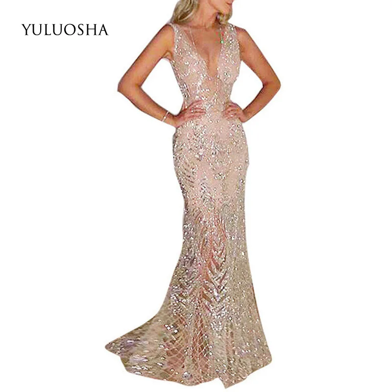 YULUOSHA новое золотистое вечернее платье с блестками Длинные вечерние платья для