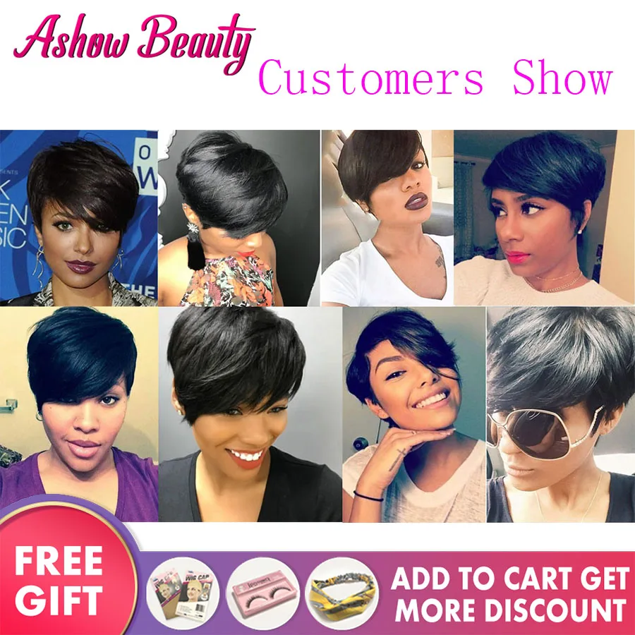

Pixie Short Cut Human hair Wavy Wigs Natural Black Color Glueless Wigs Peruvian Remy Hair For Women Full Machine Made Wigs