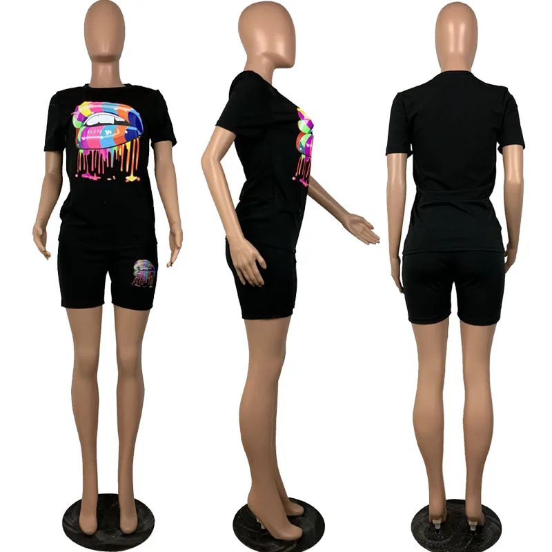 

2020 Plus Size Two Piece Set Women Summer Tracksuit Lounge Wear Outfits Short Sleeve Lip Print Top+Biker Shorts Sweat Suits