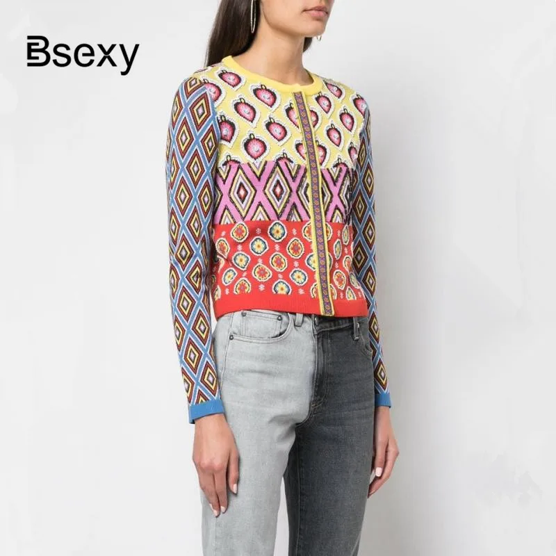Brand Designer women's cardigan 2019 Vintage Contrast geometric heart Single Breasted Round Neck Open Stitch Cardigan Knit Coat |