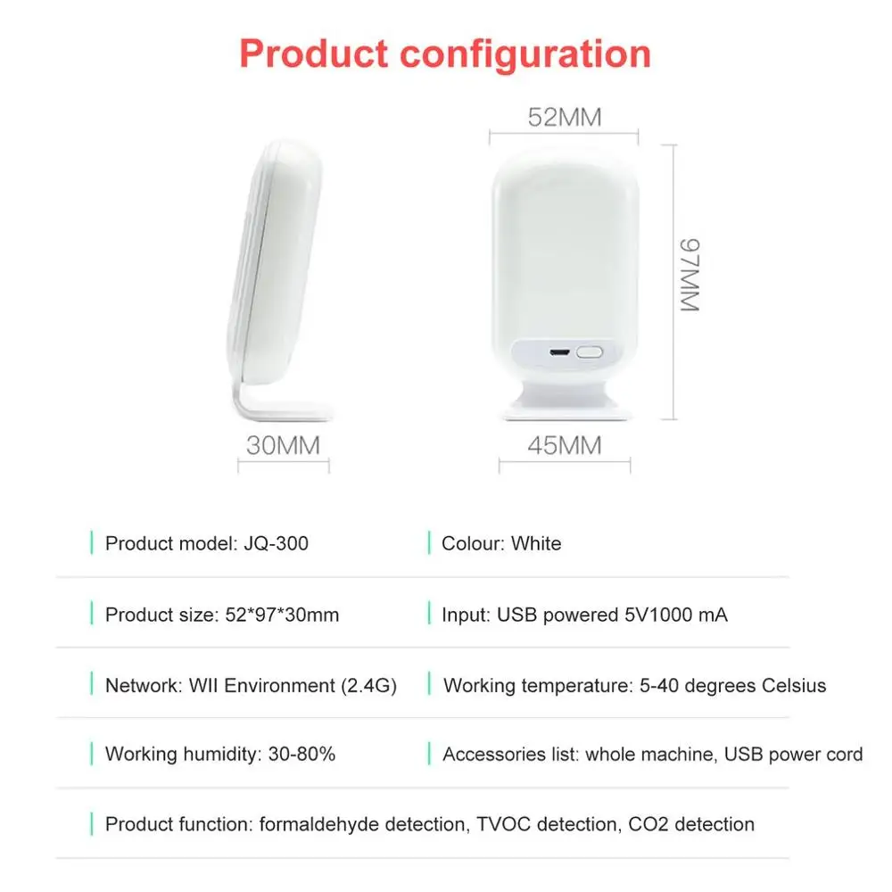 WIFI Home Smog Meter PM2.5/HCHO/TVOC/CO2 Temperature Humidity Monitor Air Quality Analysis Tester Gas Detector Analyzer JQ-300 |