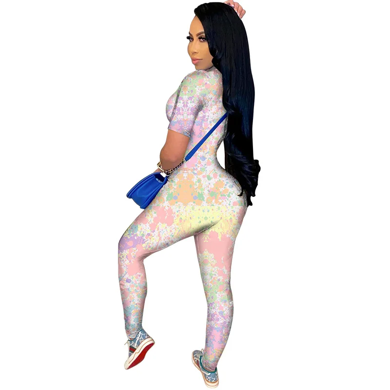 

INS Cute Pattern Printing Women Jumpsuits 2021 New Spring Summer Short Sleeves Turn Down V Neck Skinny Nightclub Rompers S-2XL