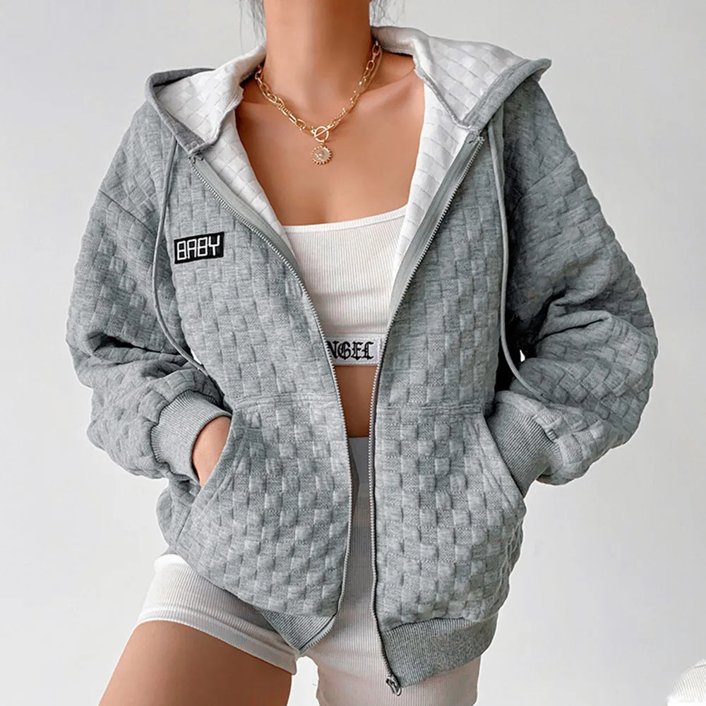 

Модная Повседневная Женская толстовка, новинка осень-зима 2021, однотонный кардиган на молнии с капюшоном и длинным рукавом в клетку, куртка