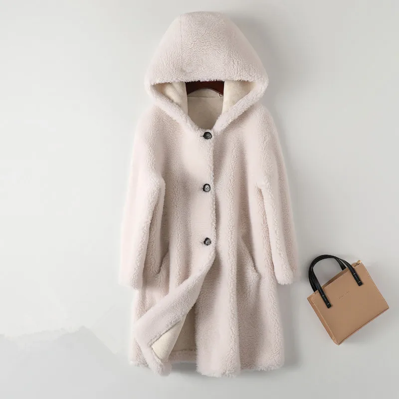 Women Winter New Lamb Fur Coat Female Korean Hooded Granule Sheep Shearing Jacket Loose Mid-Length Warm Outerwear Ladies H1693