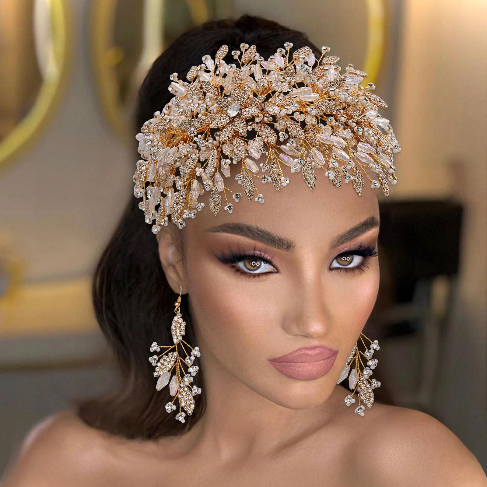 

New Arrival Women Bridal Headwear Earings Set Hair Accessories Crystal Bride Wedding Crown Tiara Headband for Girls Ladies HP377