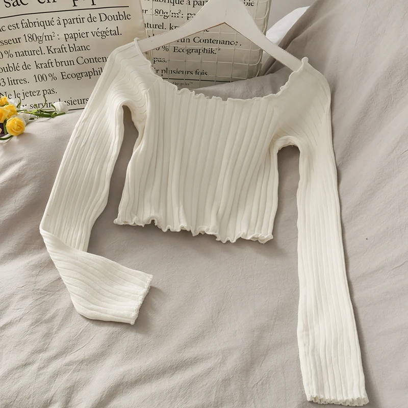 Женские трикотажные футболки с длинным рукавом OUMEA облегающие кроп-топы в