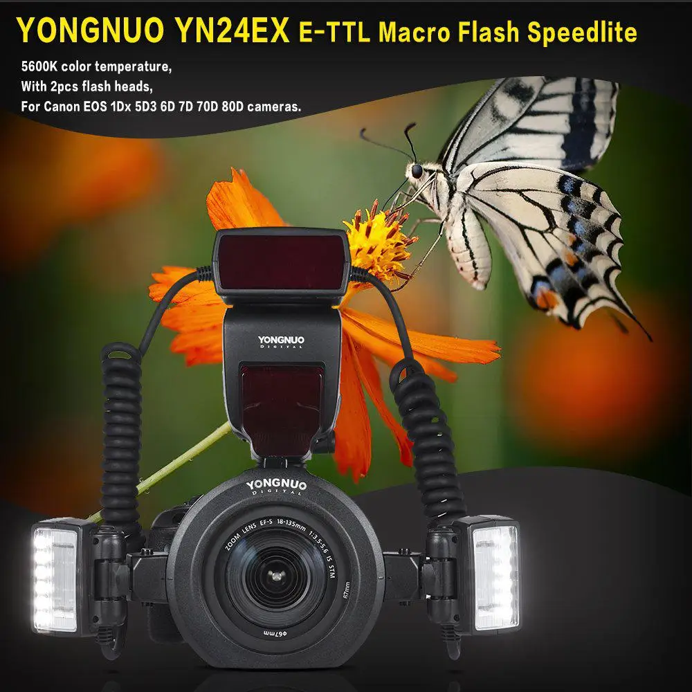 YongNuo YN24EX E-TTL Макросъемка Вспышка Speedlite 5600K головки адаптера кольца для камер Canon EOS