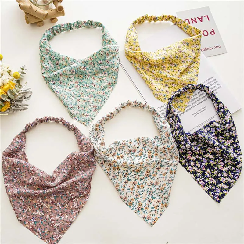 

Vintage Floral Print Scrunchies Hair Scarf Women Headband Triangle Bandanas Hairband Without Clips Elastic Hair Bands Small Hot