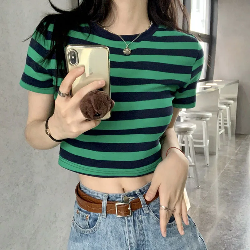 

Укороченные топы для женщин 2021 шикарная универсальная Классическая полосатая облегающая короткая бюстье футболка Повседневная с круглым ...